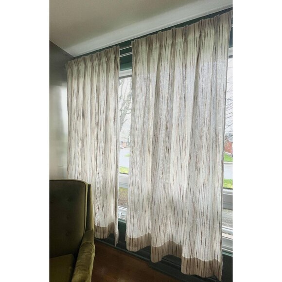 Vintage 1970s pleated curtains, beige & tan vertical stripes, pair of panels - Picture 2 of 10